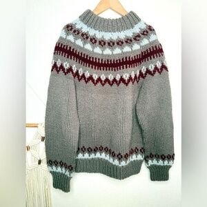 Handknit Sweater Taupe Maroon Cream nordic fair isle handknit Mockneck Knit